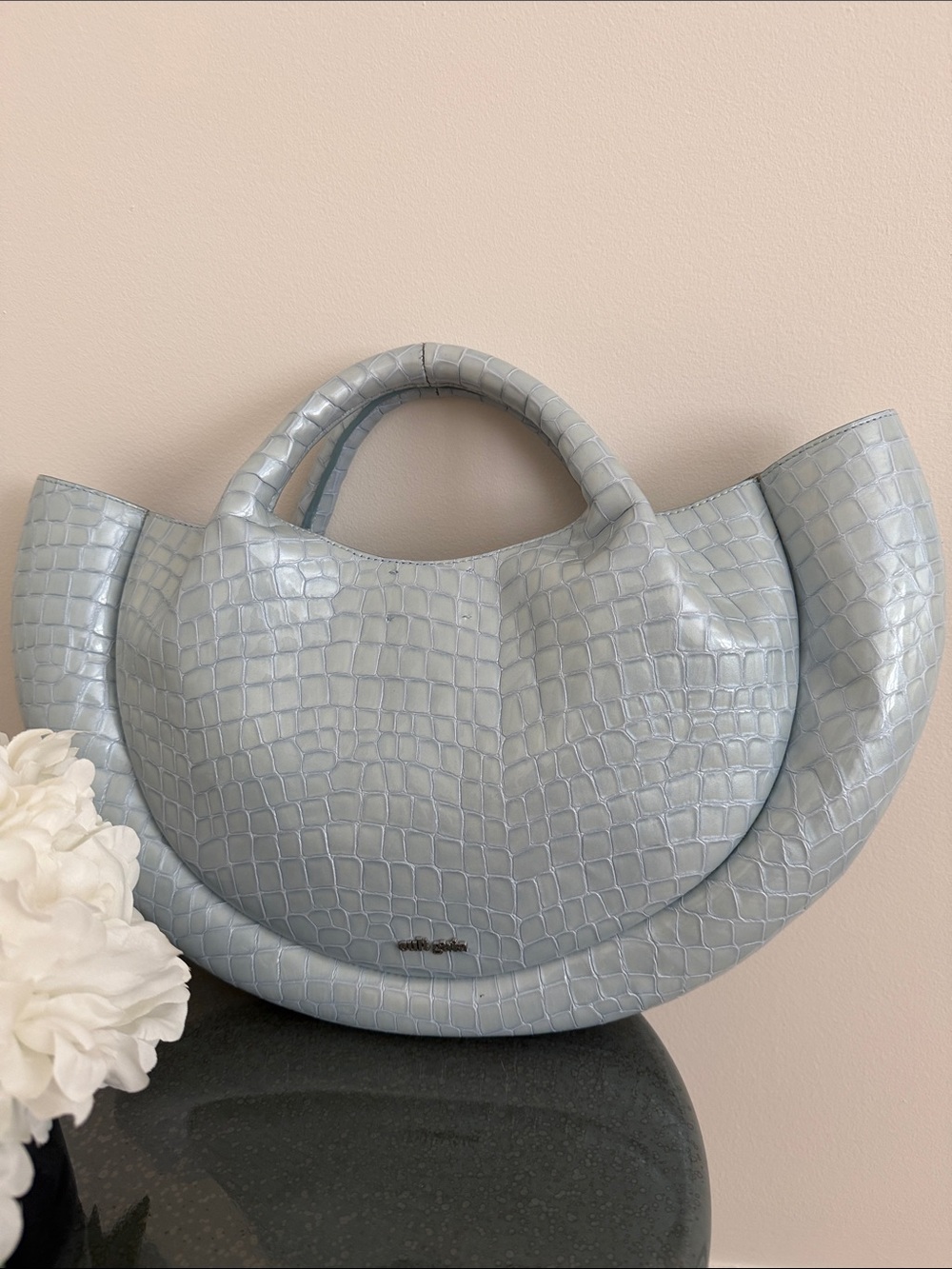 cult gaia Croc-Embossed Crescent Tote - Pale Blue
